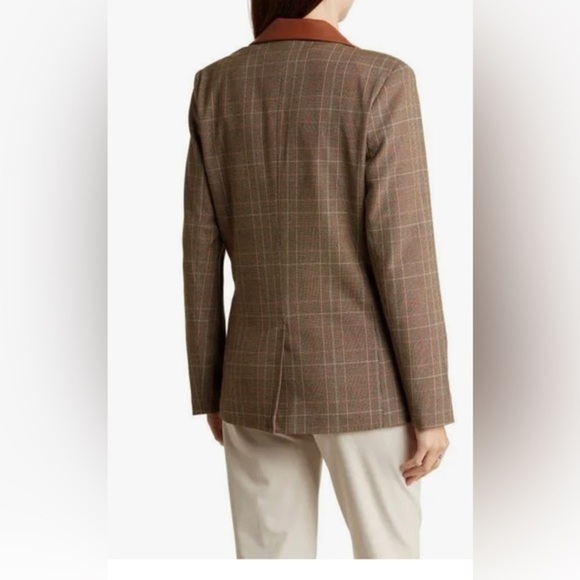 Steve Madden brown camel plaid Oversize pleather collar boyfriend  Blazer size M - Picture 4 of 5